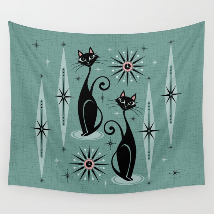 Mid Century Cats and Clocks -Spearmint Custom©studioxtine Wall Tapestry Gallery Image 1