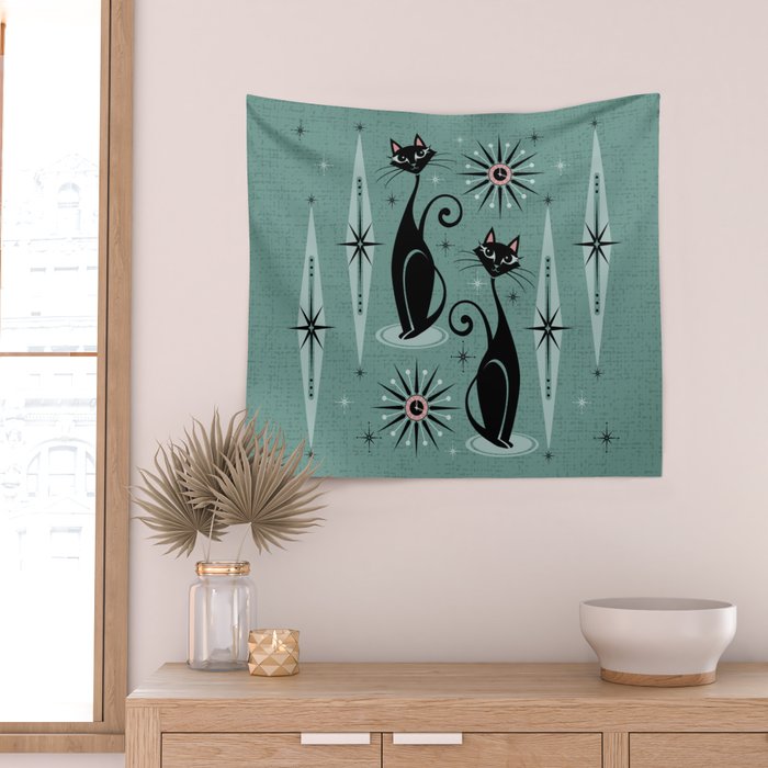 Mid Century Cats and Clocks -Spearmint Custom©studioxtine Wall Tapestry Gallery Image 2