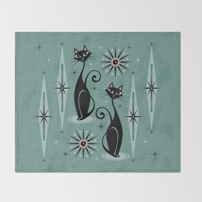 Mid Century Cats and Clocks -Spearmint Custom©studioxtine Throw Blanket Gallery Image 2