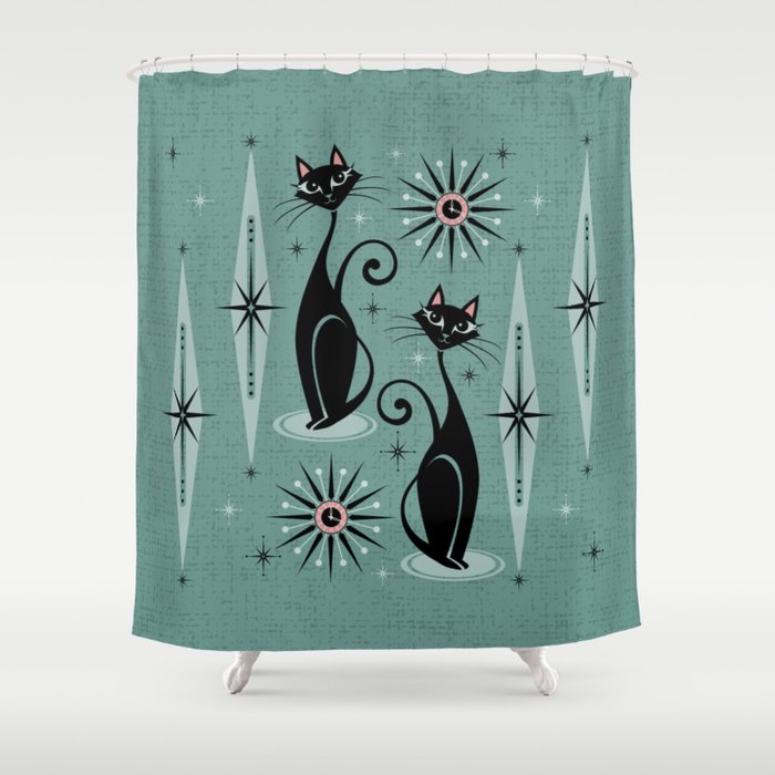 Mid Century Cats and Clocks -Spearmint Custom©studioxtine Shower Curtain Gallery Image 1