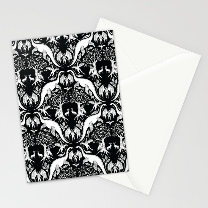 Black & White Cryptid Damask Stationery Card Gallery Image 2