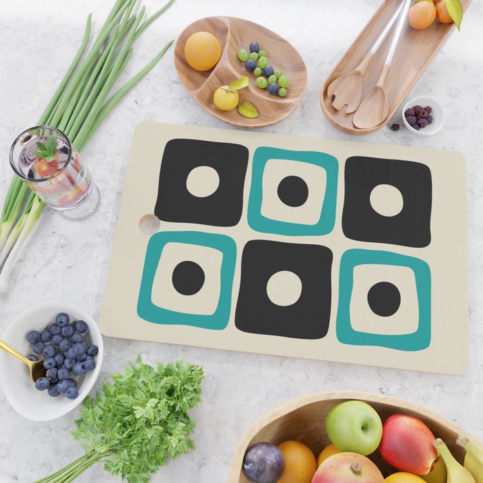 Mid Century Modern Square Dot Pattern 593 Black and Turquoise Cutting Board Gallery Image 2