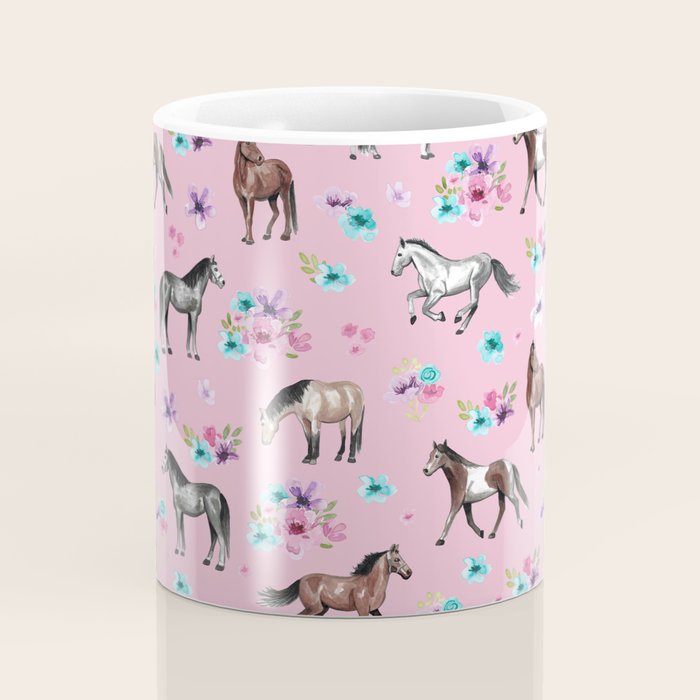 Horses & Flowers, Pink Pattern, Horse Illustration, Little Girls Room, Watercolor Coffee Mug Gallery Image 4