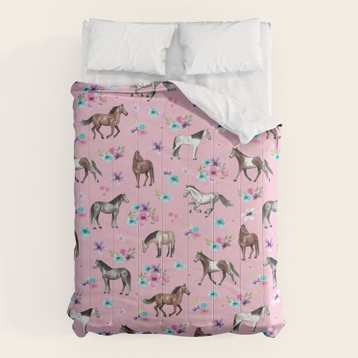 Horses & Flowers, Pink Pattern, Horse Illustration, Little Girls Room, Watercolor Comforter
