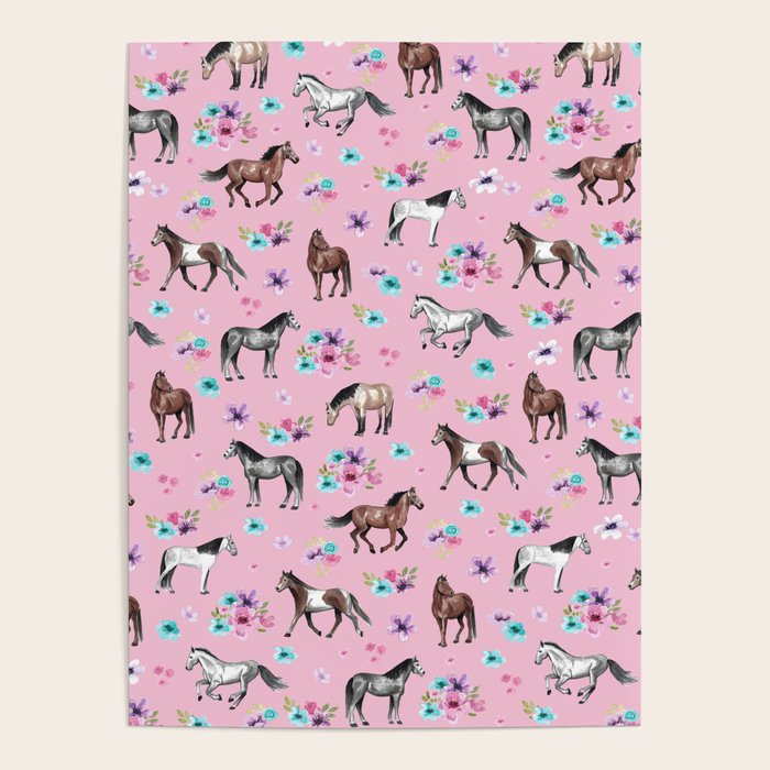 Horses & Flowers, Pink Pattern, Horse Illustration, Little Girls Room, Watercolor Poster Gallery Image 4