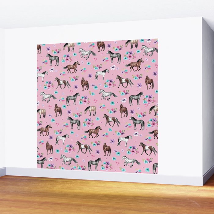Horses & Flowers, Pink Pattern, Horse Illustration, Little Girls Room, Watercolor Wall Mural Gallery Image 2