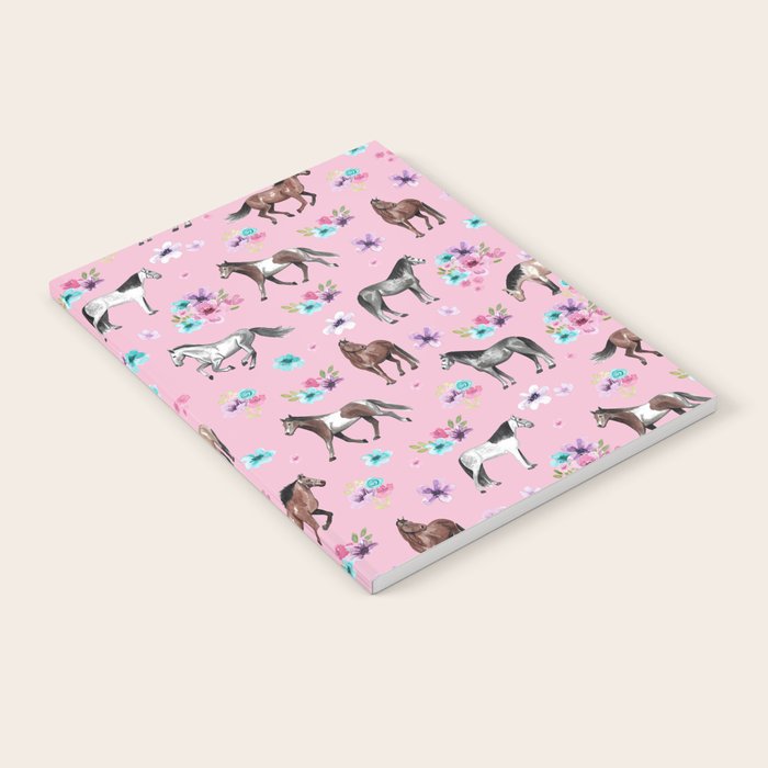 Horses & Flowers, Pink Pattern, Horse Illustration, Little Girls Room, Watercolor Notebook Gallery Image 2