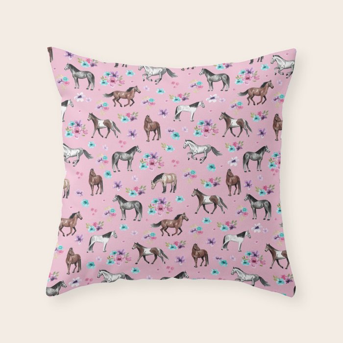Horses & Flowers, Pink Pattern, Horse Illustration, Little Girls Room, Watercolor Throw Pillow Gallery Image 6