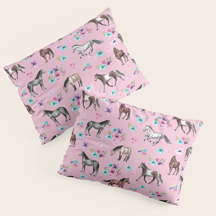 Horses & Flowers, Pink Pattern, Horse Illustration, Little Girls Room, Watercolor Pillow Sham Gallery Image 1