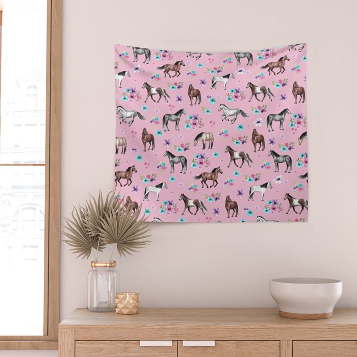 Horses & Flowers, Pink Pattern, Horse Illustration, Little Girls Room, Watercolor Wall Tapestry Gallery Image 2