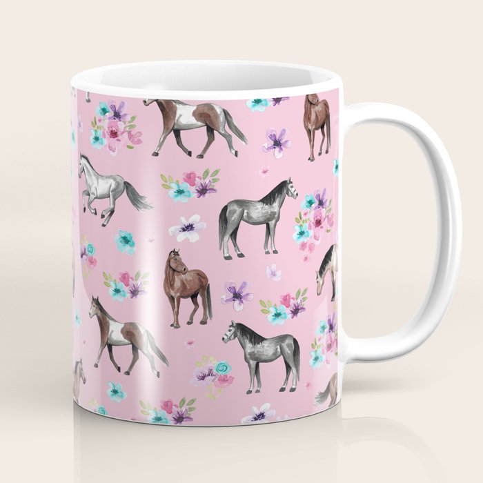 Horses & Flowers, Pink Pattern, Horse Illustration, Little Girls Room, Watercolor Coffee Mug Gallery Image 1
