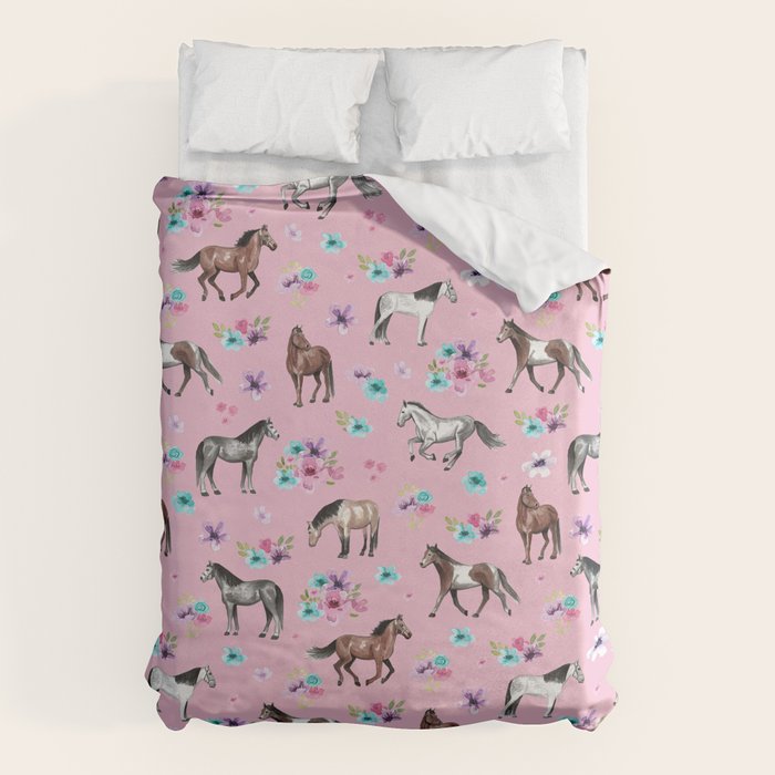 Horses & Flowers, Pink Pattern, Horse Illustration, Little Girls Room, Watercolor Duvet Cover Gallery Image 6