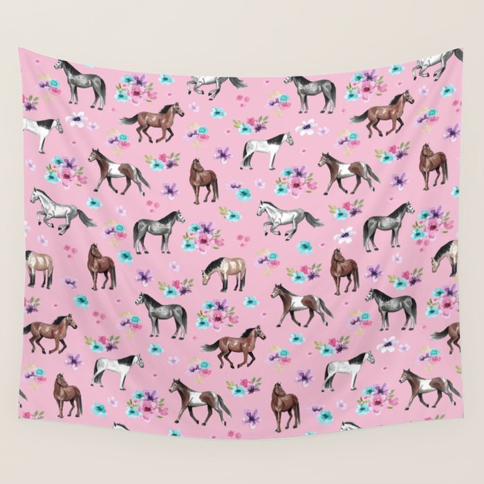 Horses & Flowers, Pink Pattern, Horse Illustration, Little Girls Room, Watercolor Wall Tapestry Gallery Image 1