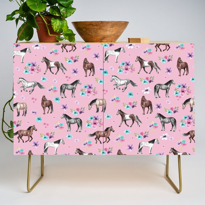 Horses & Flowers, Pink Pattern, Horse Illustration, Little Girls Room, Watercolor Credenza Gallery Image 1