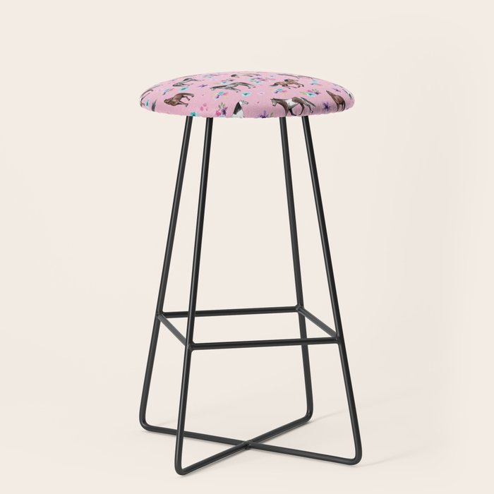 Horses & Flowers, Pink Pattern, Horse Illustration, Little Girls Room, Watercolor Stool Gallery Image 1
