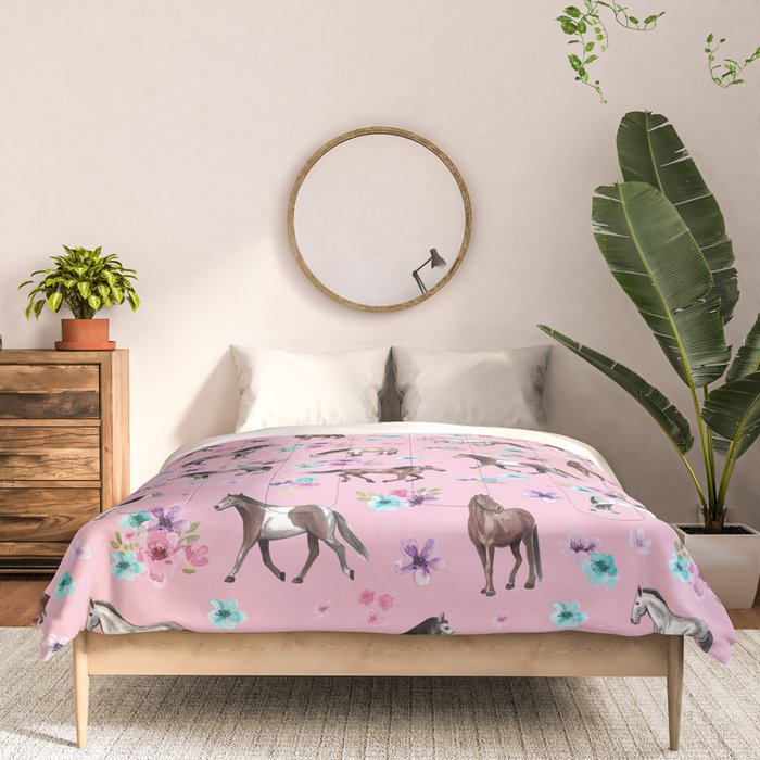 Horses & Flowers, Pink Pattern, Horse Illustration, Little Girls Room, Watercolor Comforter Gallery Image 3