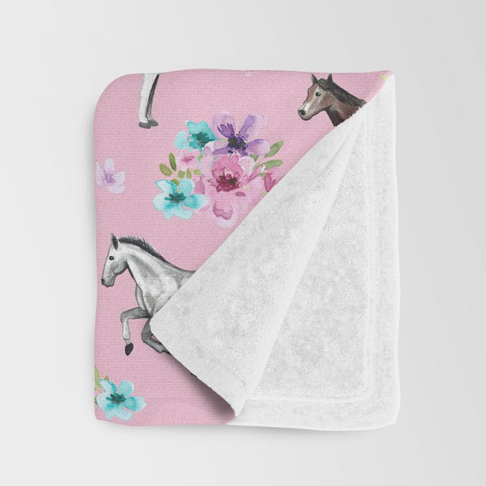 Horses & Flowers, Pink Pattern, Horse Illustration, Little Girls Room, Watercolor Throw Blanket Gallery Image 3