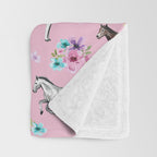 Horses & Flowers, Pink Pattern, Horse Illustration, Little Girls Room, Watercolor Throw Blanket Gallery Image 3