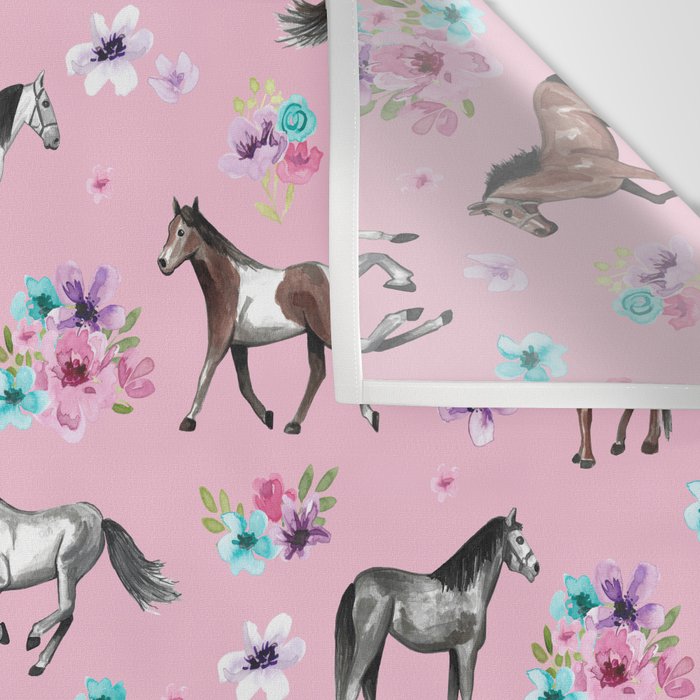 Horses & Flowers, Pink Pattern, Horse Illustration, Little Girls Room, Watercolor Wall Tapestry Gallery Image 3
