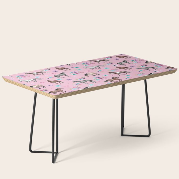 Horses & Flowers, Pink Pattern, Horse Illustration, Little Girls Room, Watercolor Coffee Table