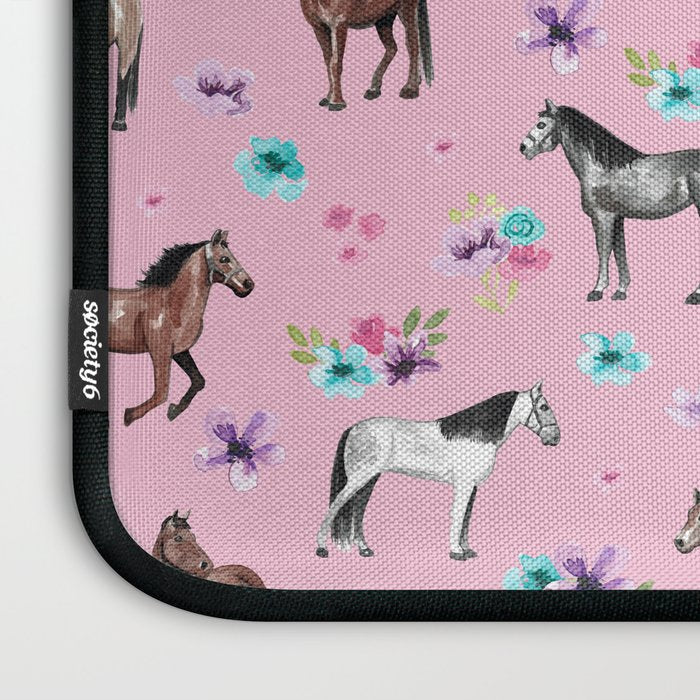 Horses & Flowers, Pink Pattern, Horse Illustration, Little Girls Room, Watercolor Laptop Sleeve Gallery Image 3
