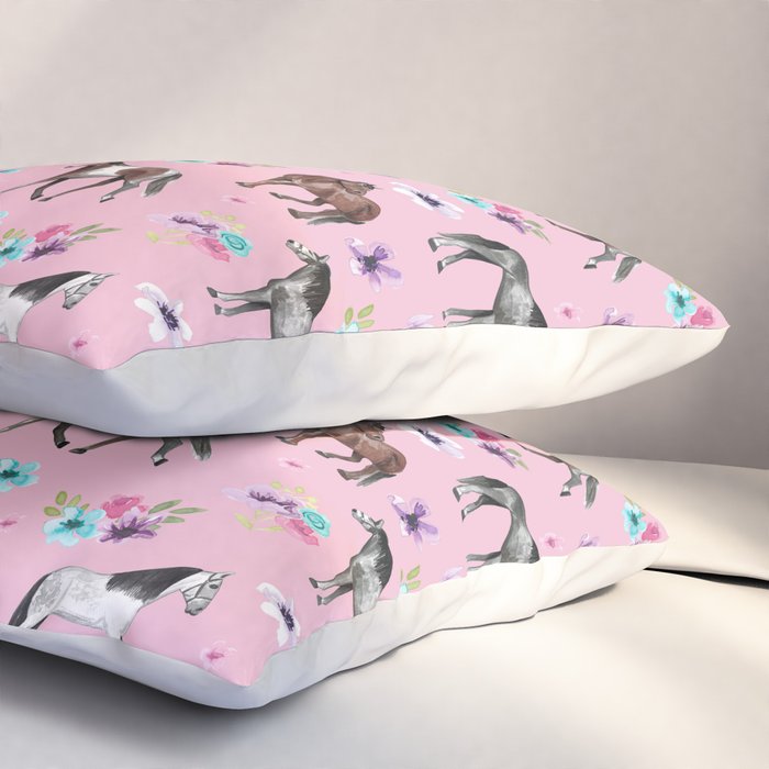 Horses & Flowers, Pink Pattern, Horse Illustration, Little Girls Room, Watercolor Pillow Sham Gallery Image 3