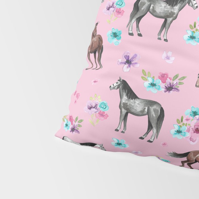 Horses & Flowers, Pink Pattern, Horse Illustration, Little Girls Room, Watercolor Pillow Sham Gallery Image 4