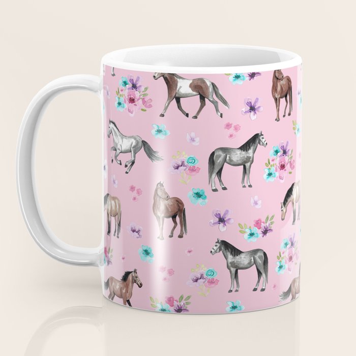 Horses & Flowers, Pink Pattern, Horse Illustration, Little Girls Room, Watercolor Coffee Mug Gallery Image 3