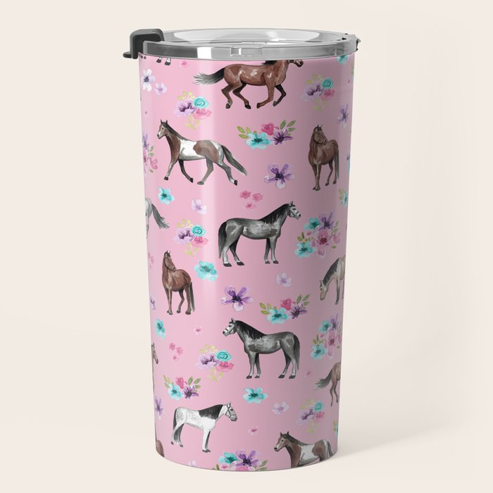 Horses & Flowers, Pink Pattern, Horse Illustration, Little Girls Room, Watercolor Travel Mug Gallery Image 3