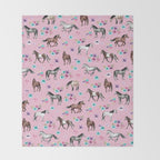 Horses & Flowers, Pink Pattern, Horse Illustration, Little Girls Room, Watercolor Throw Blanket Gallery Image 2