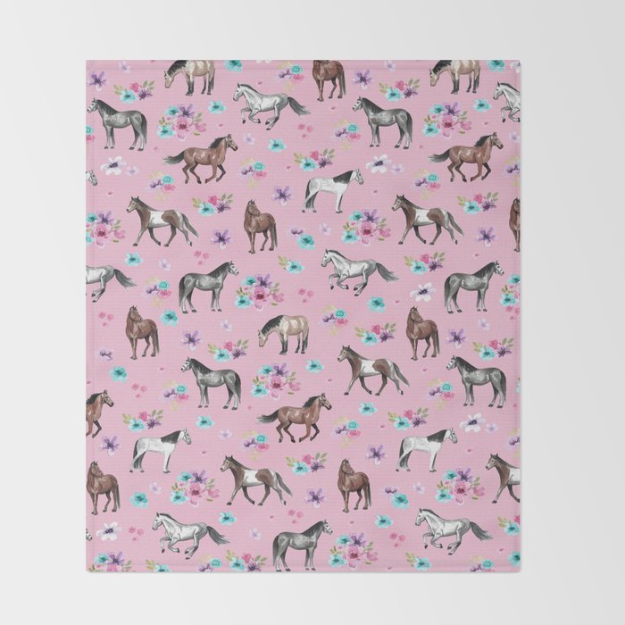 Horses & Flowers, Pink Pattern, Horse Illustration, Little Girls Room, Watercolor Throw Blanket Gallery Image 2