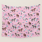Horses & Flowers, Pink Pattern, Horse Illustration, Little Girls Room, Watercolor Wall Tapestry Gallery Image 4