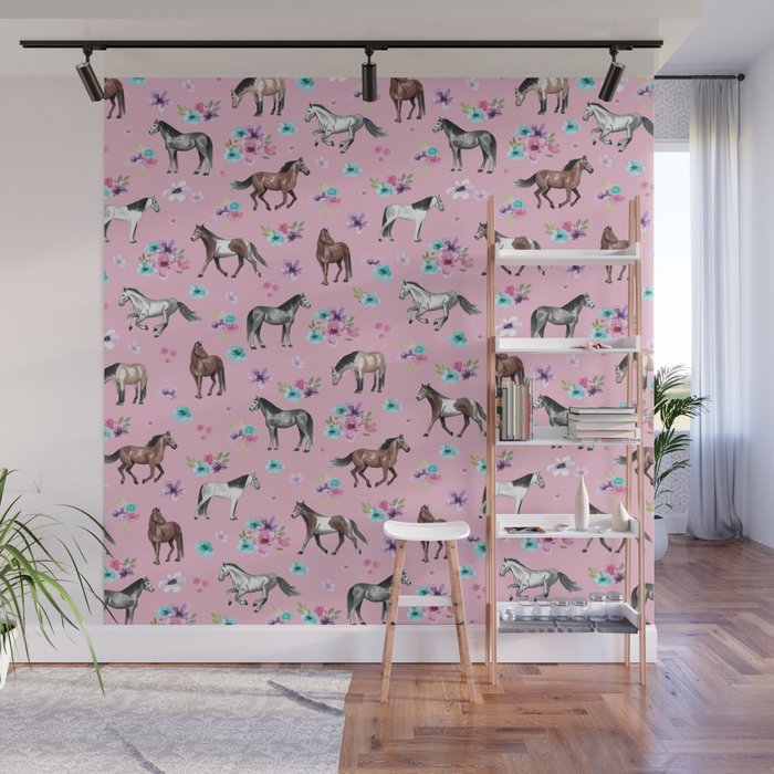 Horses & Flowers, Pink Pattern, Horse Illustration, Little Girls Room, Watercolor Wall Mural Gallery Image 1