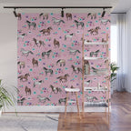 Horses & Flowers, Pink Pattern, Horse Illustration, Little Girls Room, Watercolor Wall Mural Gallery Image 1