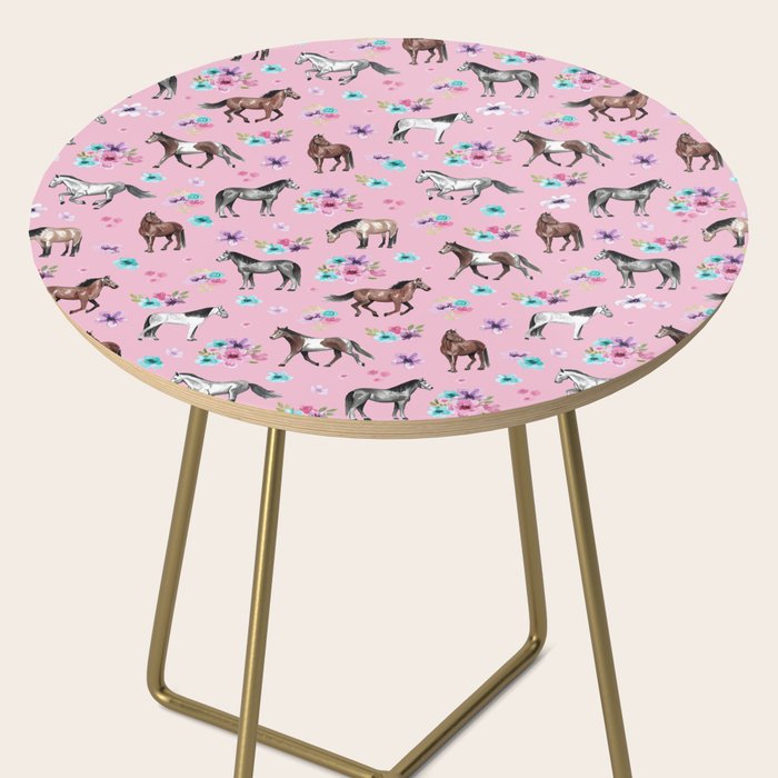 Horses & Flowers, Pink Pattern, Horse Illustration, Little Girls Room, Watercolor Side Table Gallery Image 2