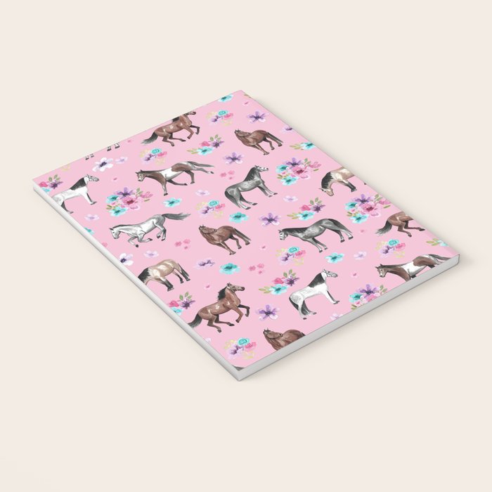 Horses & Flowers, Pink Pattern, Horse Illustration, Little Girls Room, Watercolor Notebook Gallery Image 3