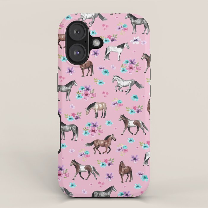 Horses & Flowers, Pink Pattern, Horse Illustration, Little Girls Room, Watercolor iPhone Case Gallery Image 1