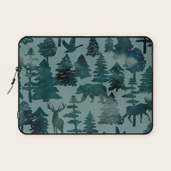 The Wild North, Wildlife, Blue Silhouette Forest and Animal Print Laptop Sleeve Gallery Image 1
