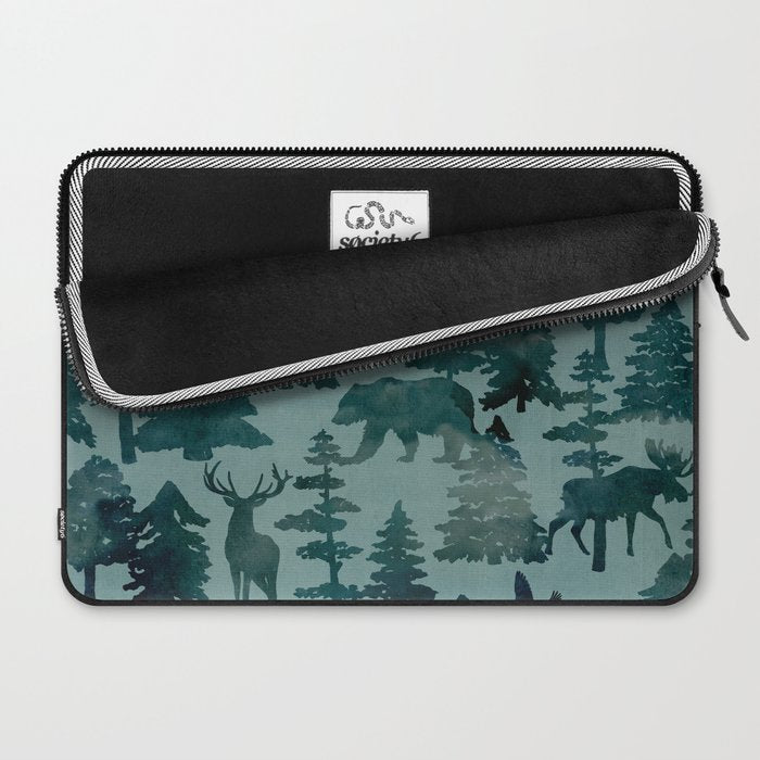 The Wild North, Wildlife, Blue Silhouette Forest and Animal Print Laptop Sleeve Gallery Image 2