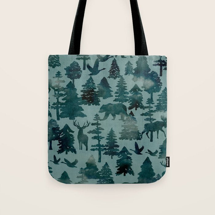 The Wild North, Wildlife, Blue Silhouette Forest and Animal Print Tote Bag Gallery Image 1