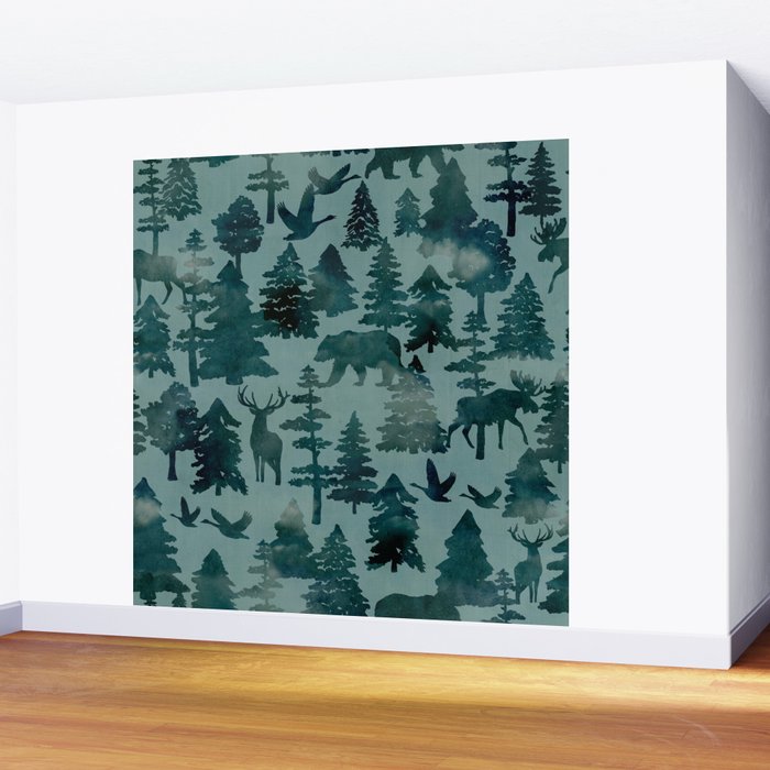 The Wild North, Wildlife, Blue Silhouette Forest and Animal Print Wall Mural Gallery Image 2