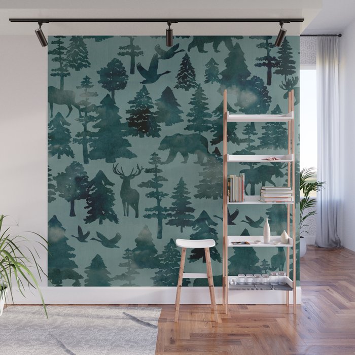 The Wild North, Wildlife, Blue Silhouette Forest and Animal Print Wall Mural Gallery Image 1
