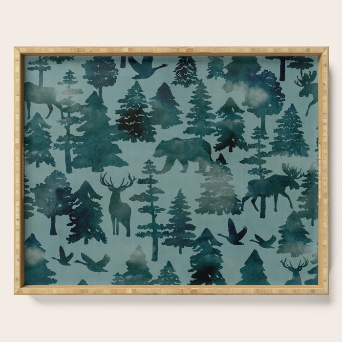 The Wild North, Wildlife, Blue Silhouette Forest and Animal Print Serving Tray Gallery Image 1