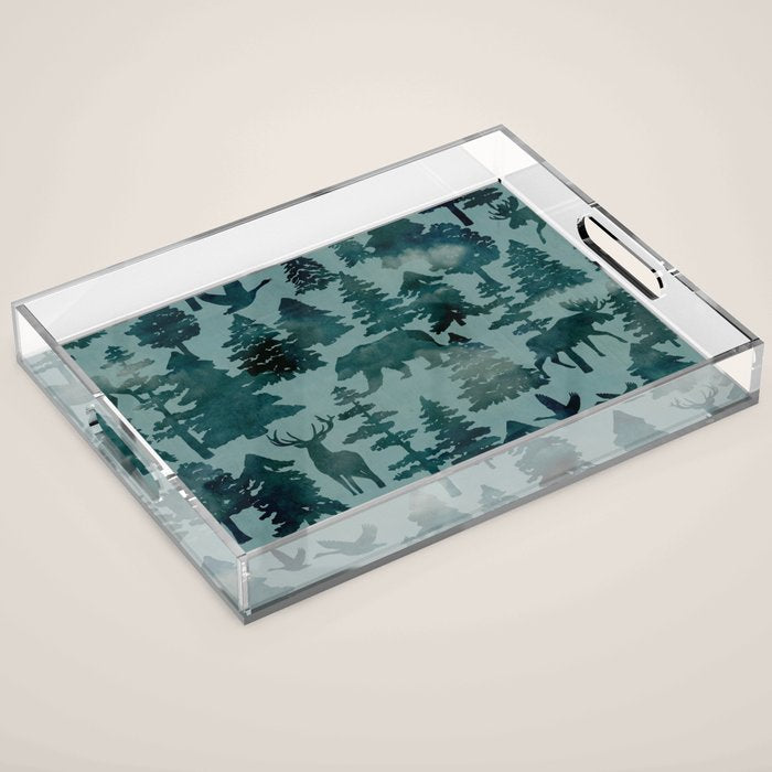 The Wild North, Wildlife, Blue Silhouette Forest and Animal Print Acrylic Tray Gallery Image 1