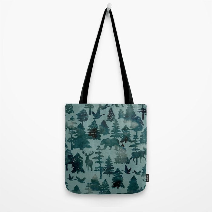 The Wild North, Wildlife, Blue Silhouette Forest and Animal Print Tote Bag Gallery Image 2
