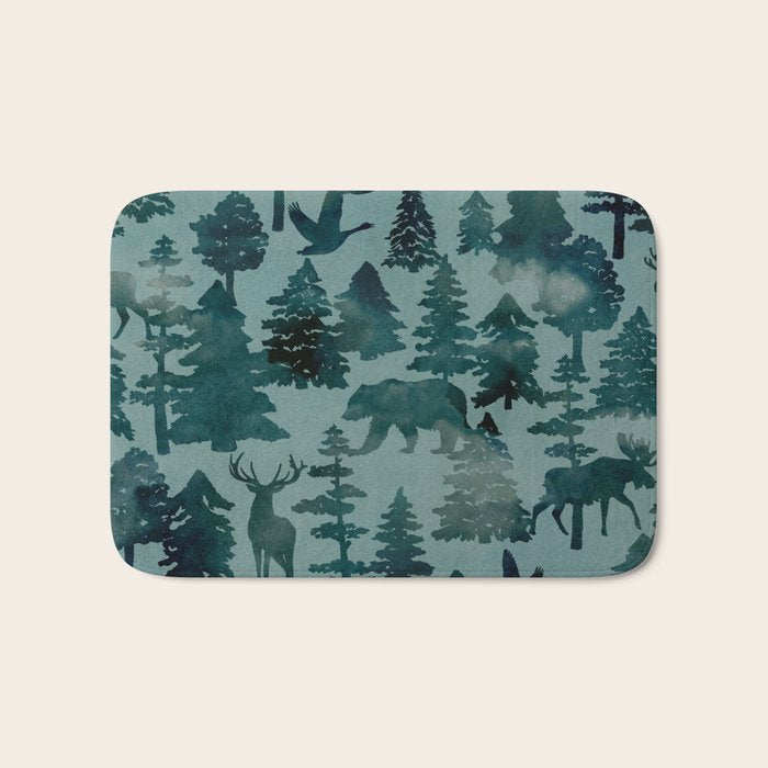 The Wild North, Wildlife, Blue Silhouette Forest and Animal Print Bath Mat Gallery Image 1