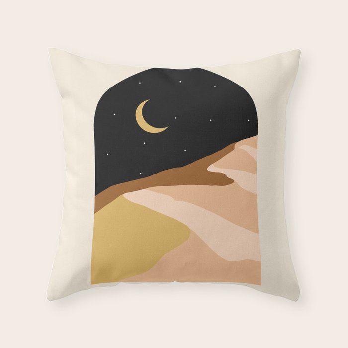 Desert Nights, Modern Bohemian Travel Sand Dunes, Eclectic Moon Stars Vintage Arc, Pastel Building Nature Landscape  Throw Pillow Gallery Image 1