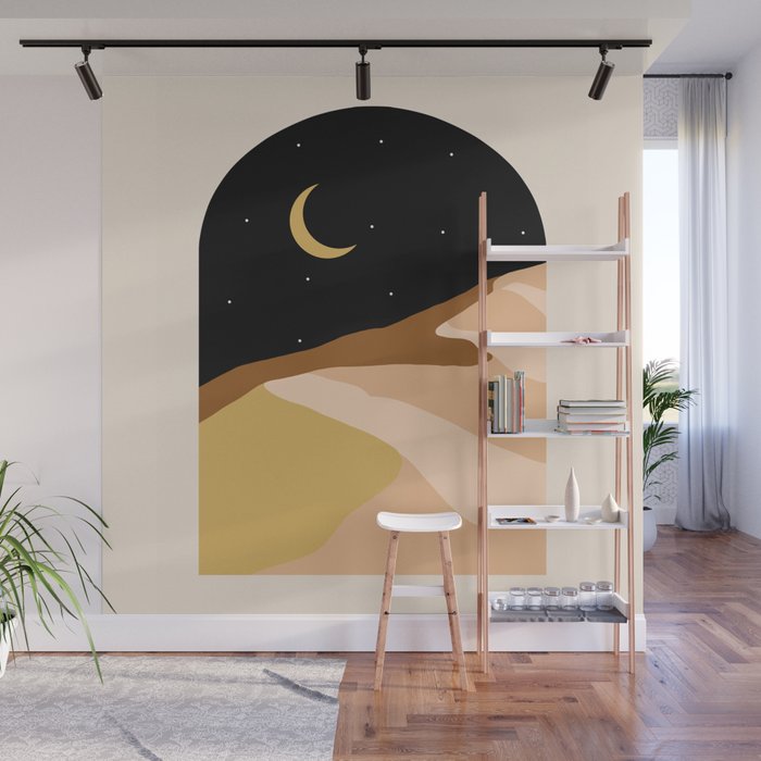 Desert Nights, Modern Bohemian Travel Sand Dunes, Eclectic Moon Stars Vintage Arc, Pastel Building Nature Landscape  Wall Mural Gallery Image 1