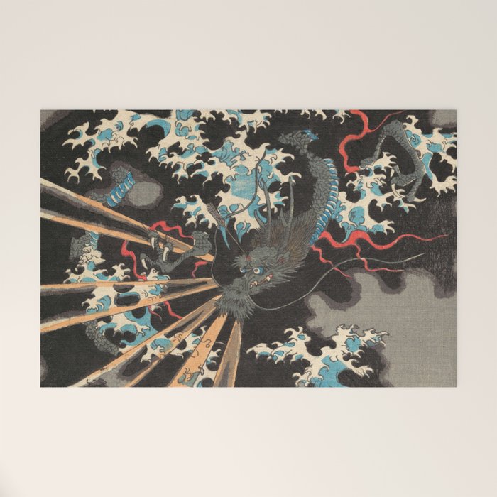 Japanese Dragon Woodblock Art Utagawa Yoshikazu Welcome Mat Gallery Image 1