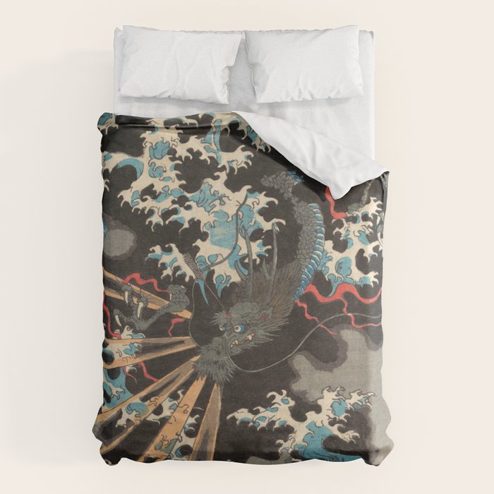 Japanese Dragon Woodblock Art Utagawa Yoshikazu Duvet Cover Gallery Image 1